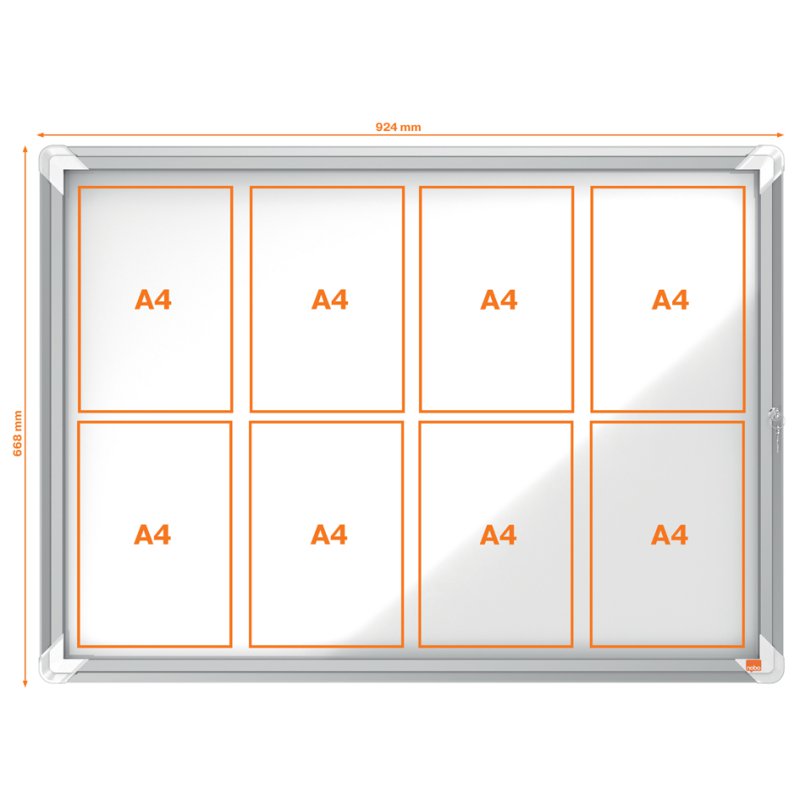 nobo vitrinekast Premium Plus, metalen achterwand, 8×A4, veiligheidsglas