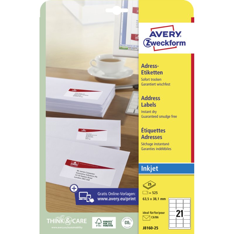 AVERY Zweckform étiquettes adresse imprimante à jet d'encre, 45,7 × 21,2 mm, blanc, 1200 pièces