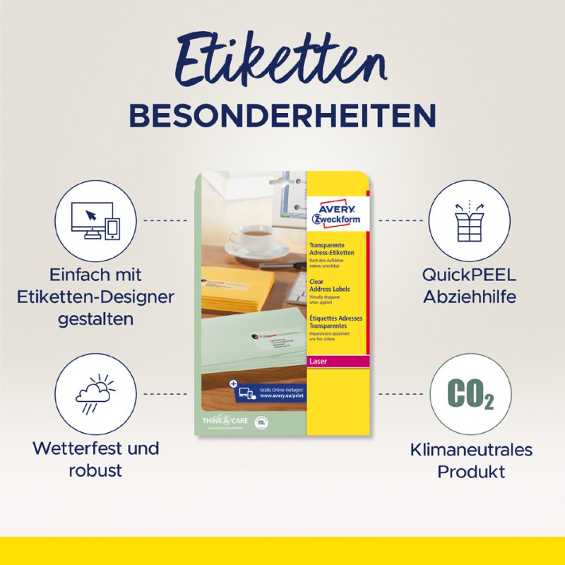 AVERY Zweckform étiquettes adresse transparentes, 99,1×33,9 mm, polyester, 400 pièces