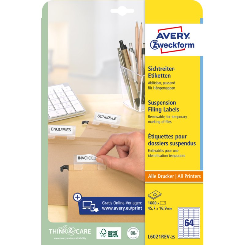AVERY Zweckform Stick+Lift étiquettes repositionnables, blanc, 45,7×16,9 mm, 1600 pièces