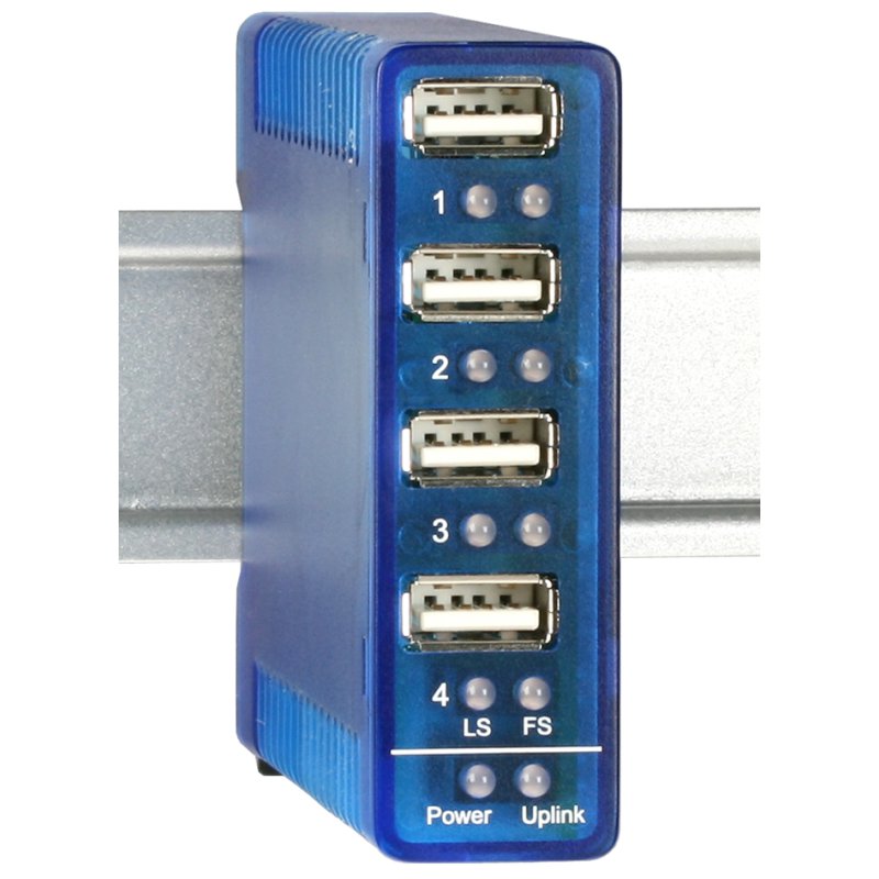W&T Hub USB 2.0 usage industriel, 4 ports, montage sur rail DIN, bleu