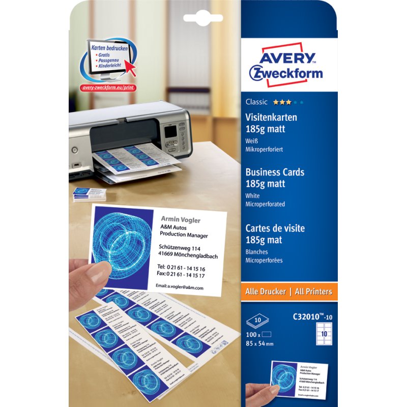 AVERY Zweckform business cards, 85 × 54 mm, white, 250 pieces