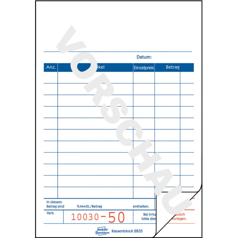 AVERY Zweckform bloc de caisse blancobloc, blanc, 100×160 mm, numéroté, 2×50 feuilles