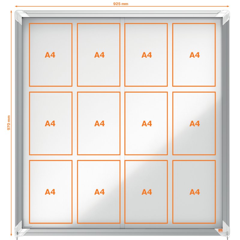 nobo schouwkast Premium Plus, 12 × A4, veiligheidsglas, metaal achterwand