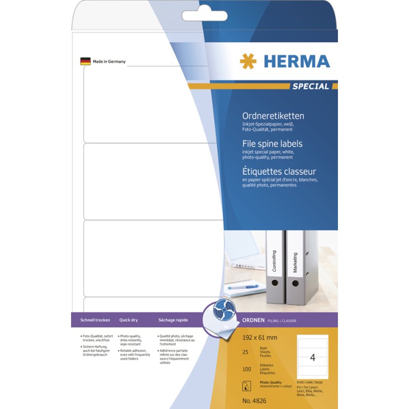 HERMA étiquettes pour dos de classeur SPECIAL, 192 × 61 mm, blanc, 100 pièces