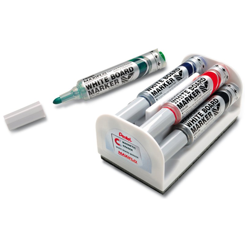 Pentel whiteboard marker set MAXIFLO MWL5M, magnetische wisser, 4 kleuren