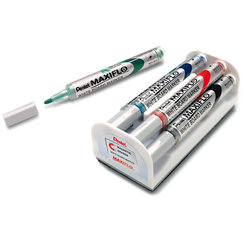 Pentel whiteboard marker set MAXIFLO MWL5M, magnetische wisser, 4 kleuren