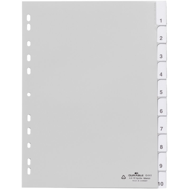 DURABLE intercalaires en plastique A4, PP, 10 pièces, gris