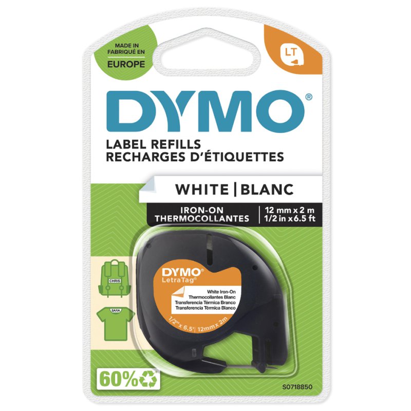 DYMO LetraTag labelcassette, strijkbaar, zwart op wit, 12 mm × 2 m