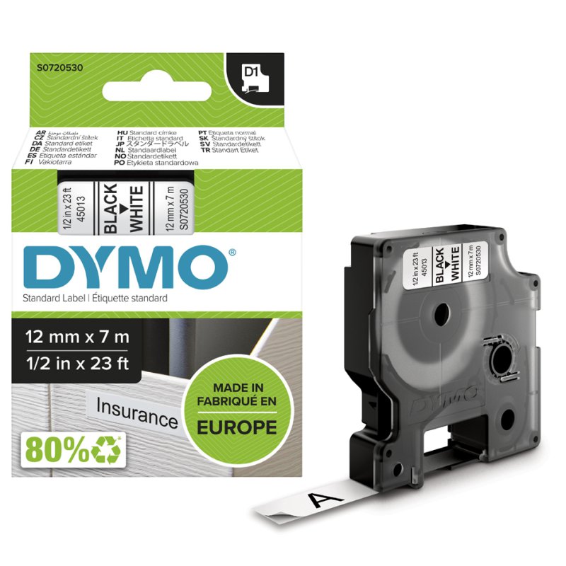 DYMO D1 labelband, rood op wit, 12 mm × 7 m