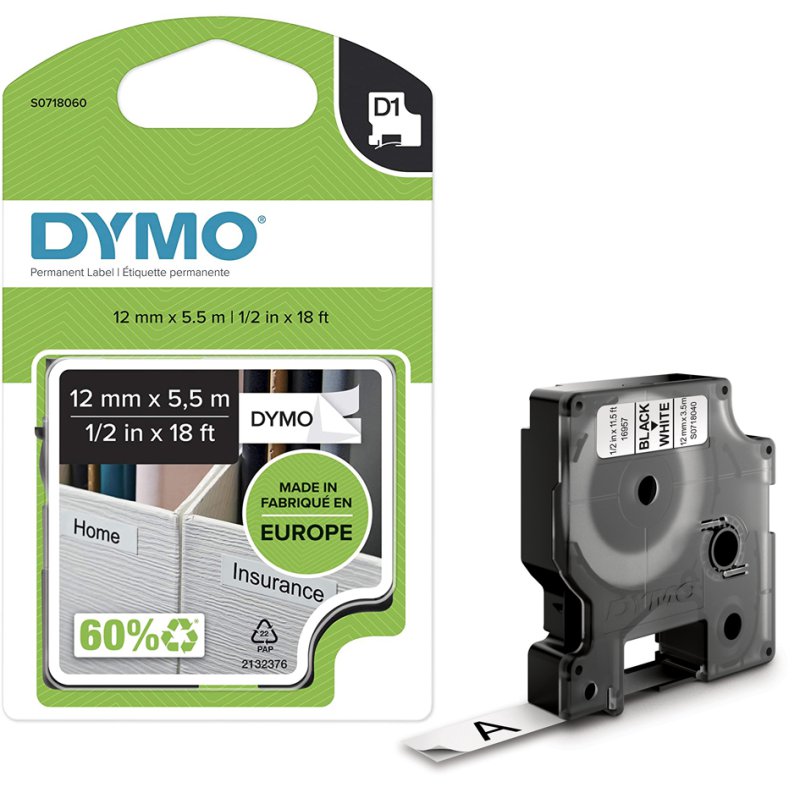 DYMO D1 labelcassette, zwart op wit, 19 mm × 5,5 m