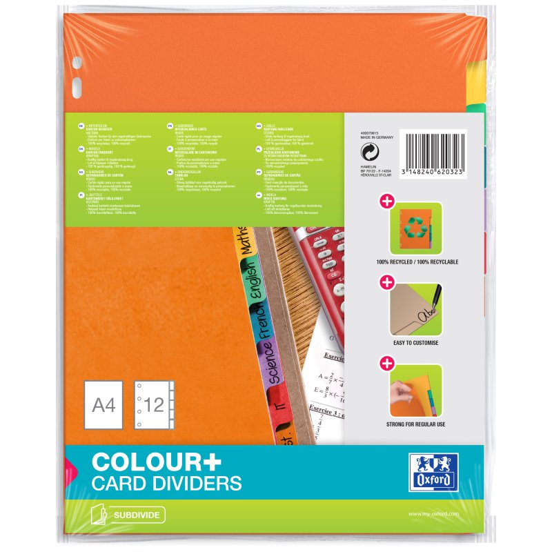 Oxford intercalaires cartonnées, A4, couleur, 12 pièces