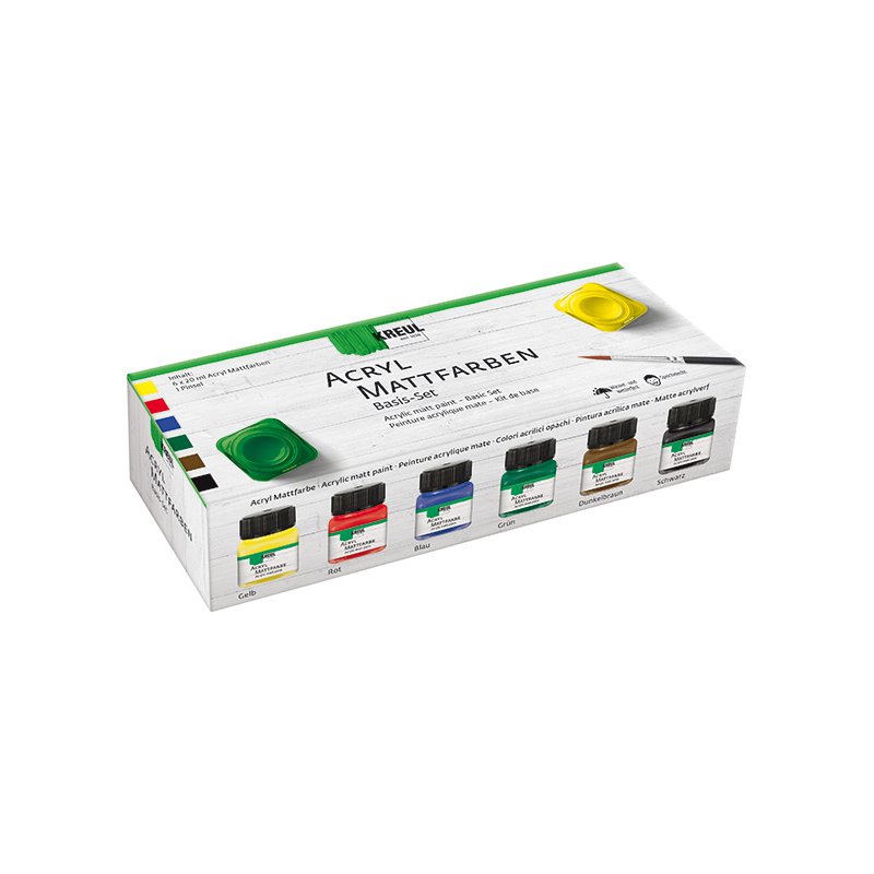 KREUL peinture acrylique mate set de base, 6 × 20 ml, pinceau inclus