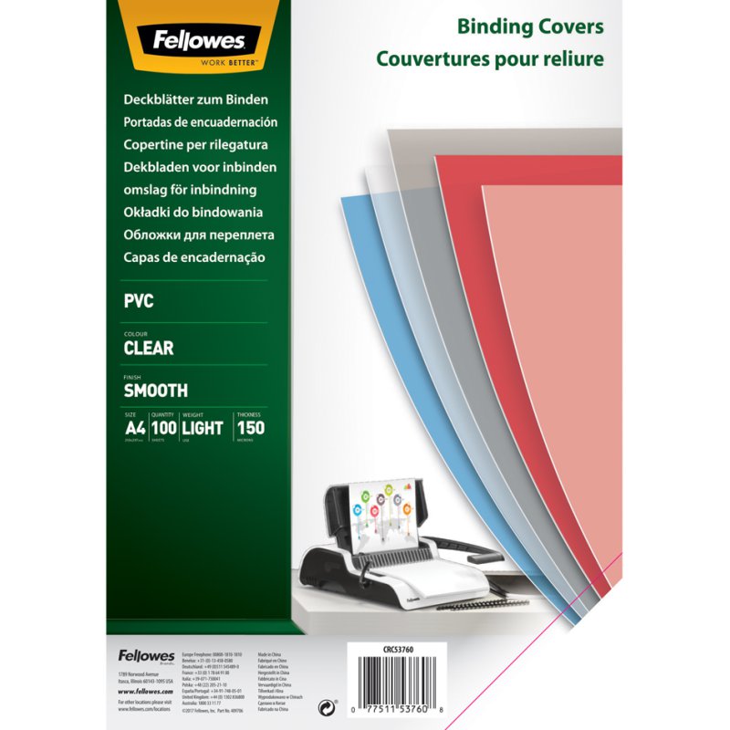 Fellowes feuilles de couverture A4, PVC transparent, 0,15 mm, 100 feuilles