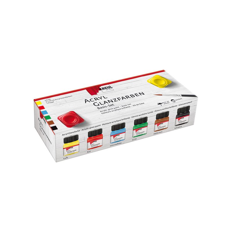 KREUL peinture acrylique brillante set de base, 6 x 20 ml, pinceau inclus