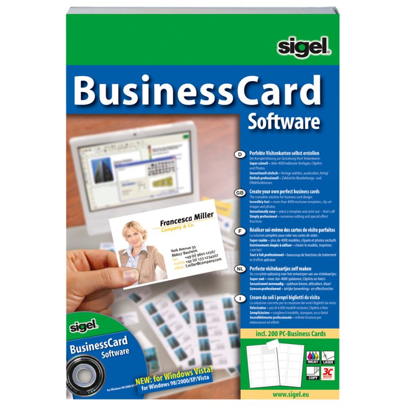 Sigel BusinessCard ontwerpsoftware voor visitekaartjes, 1 CD-ROM met handleiding, 200 visitekaartjes