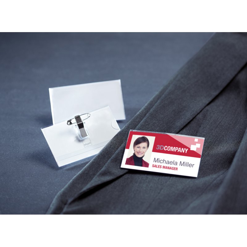 Sigel plaque nominative avec pince combinée, 54×90 mm, plastique transparent cristallin, 50 pièces