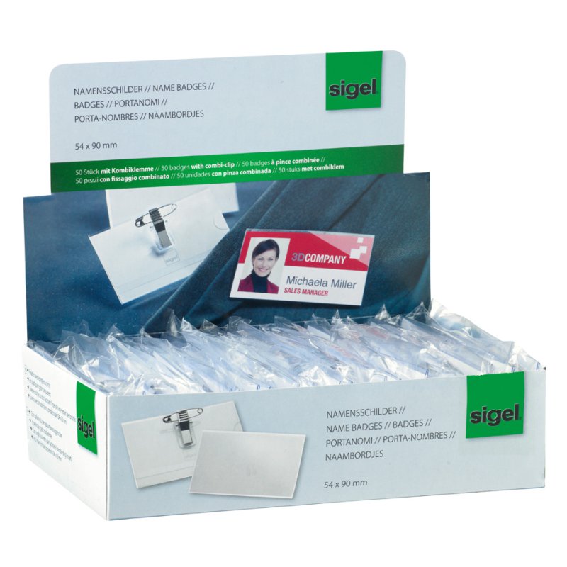 Sigel plaque nominative avec pince combinée, 54×90 mm, plastique transparent cristallin, 50 pièces