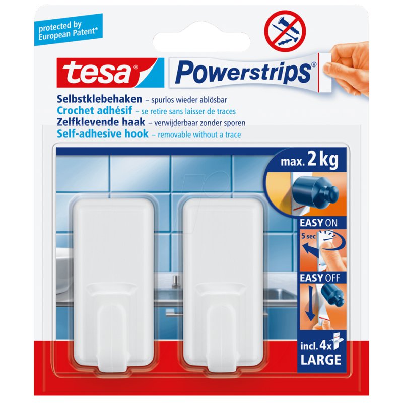 tesa Powerstrips crochets large classic, blanc, réutilisable, max. 2,0 kg