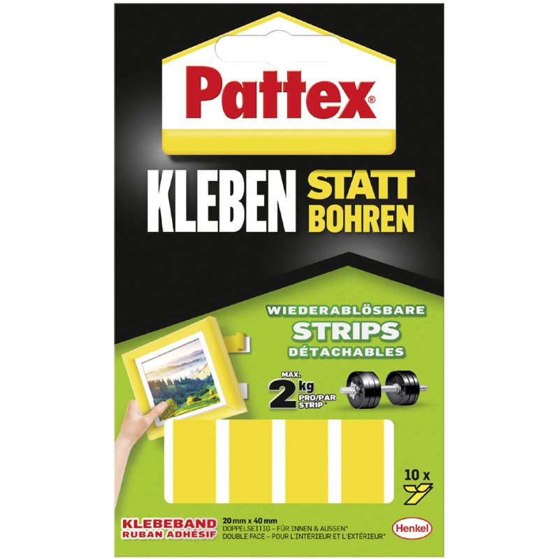 Pattex montage kleefstrips, herverwijderbaar, geel, 10 stuks