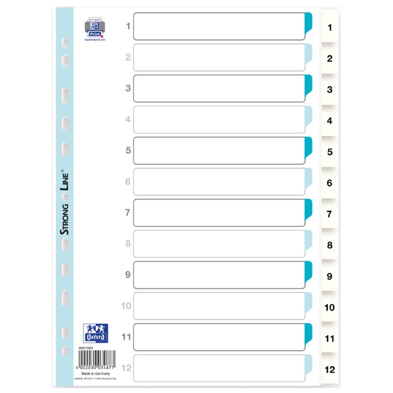Oxford intercalaires plastique, numéros 1-10, A4, blanc