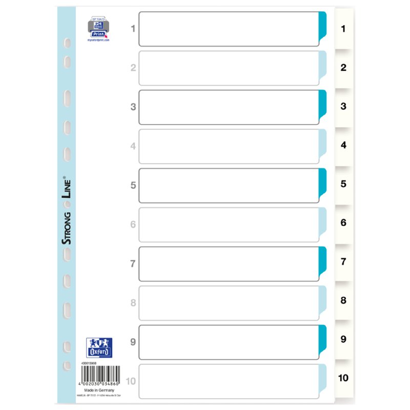 Oxford intercalaires plastique, numéros 1-10, A4, blanc