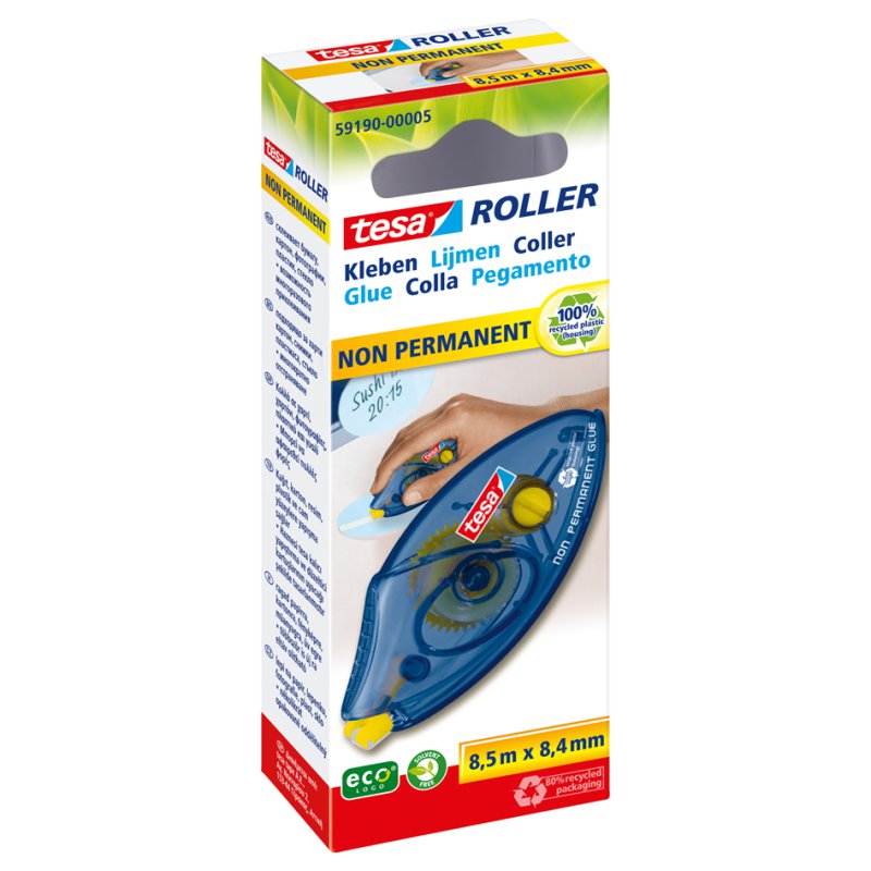 tesa EcoLogo rouleau de colle jetable, non-permanent, 8,4 mm × 8,5 m, bleu-translucide