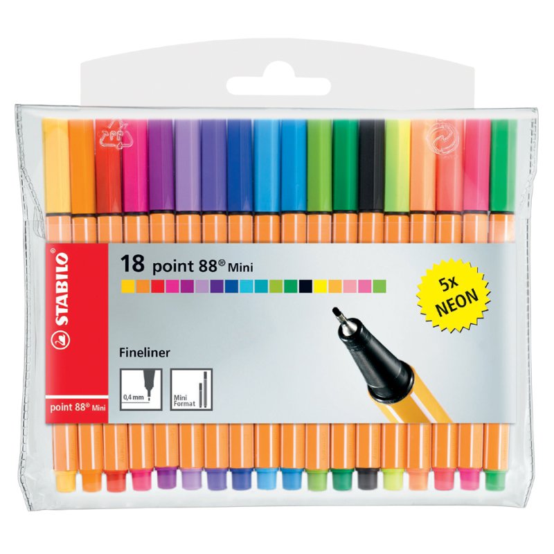 STABILO point 88 Mini stylo-feutre, 0,4 mm, couleurs fluo, 5 pièces