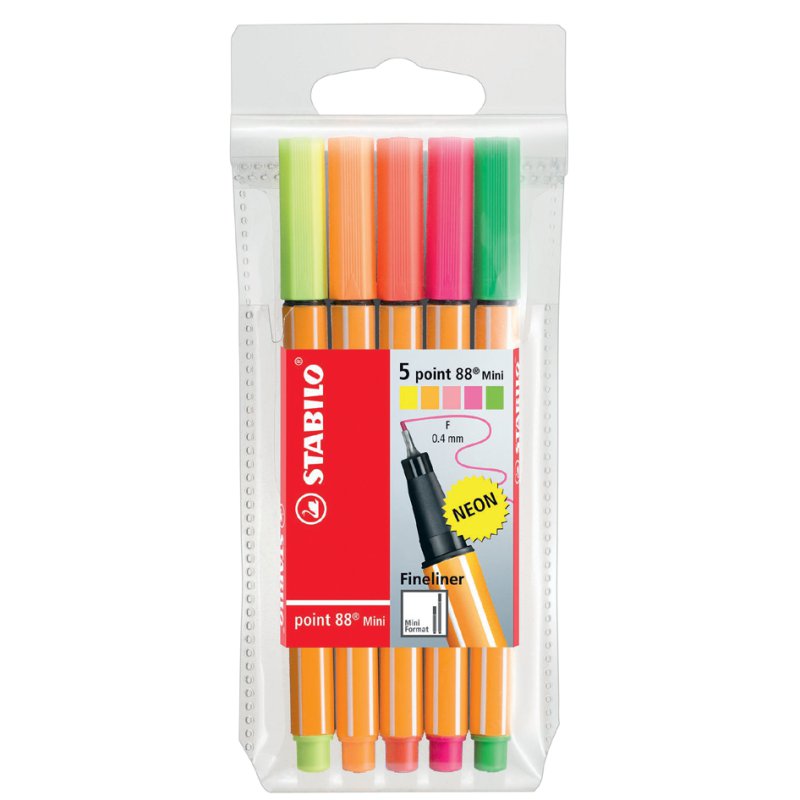 STABILO point 88 Mini stylo-feutre, 0,4 mm, couleurs fluo, 5 pièces