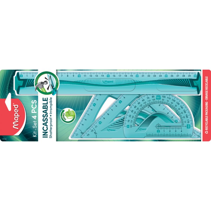 Maped set de mesure 4 pièces, plastique résistant aux chocs, bleu/vert transparent