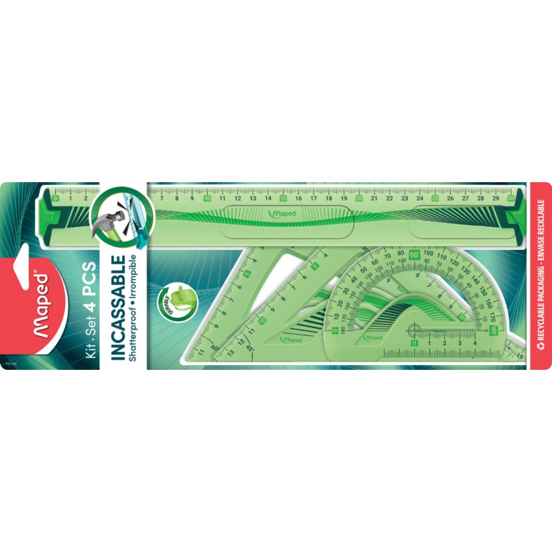 Maped set de mesure 4 pièces, plastique résistant aux chocs, bleu/vert transparent