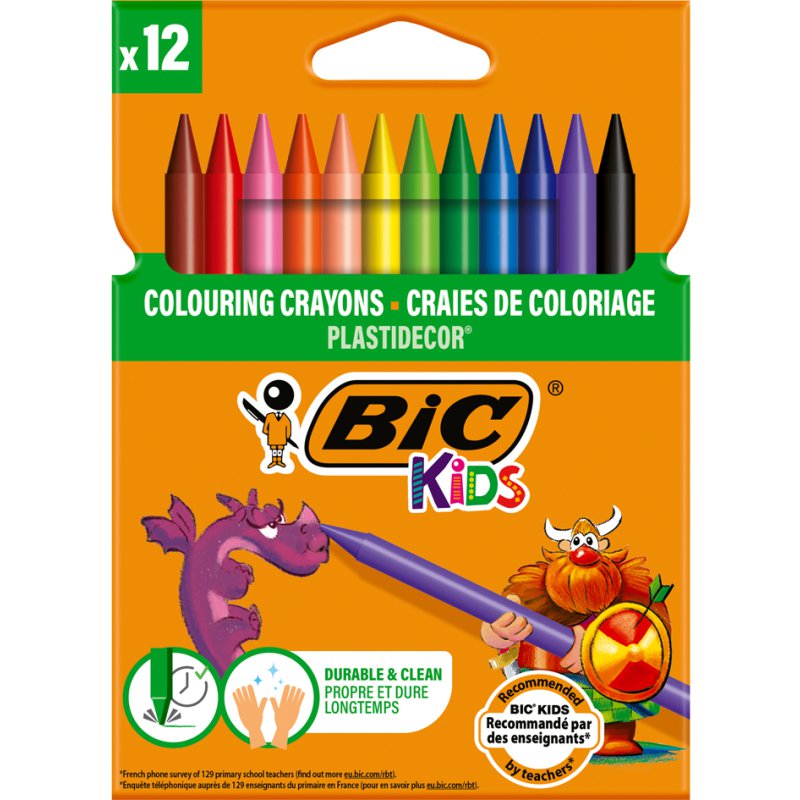 BIC waskrijtjes Plastidecor, 12 kleuren, kunststof-was mengsel
