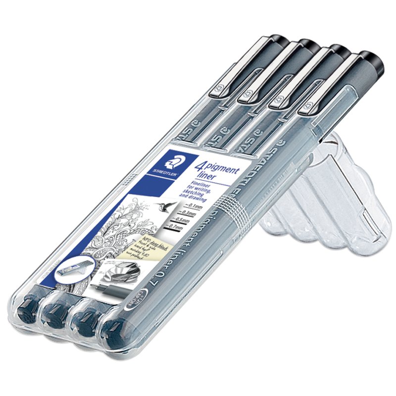 STAEDTLER Pigmentliner fineliner, zwart, 4 stuks set, 0,1-0,7 mm