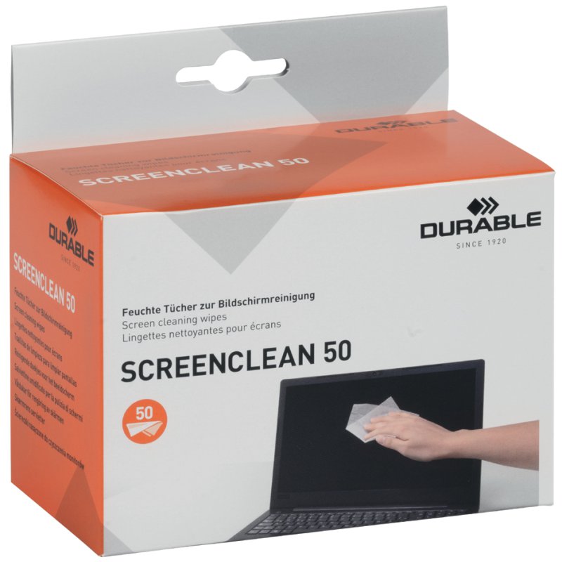 DURABLE SCREENCLEAN screen cleaning cloths, microfibre cloths, individually packaged, 50 pcs