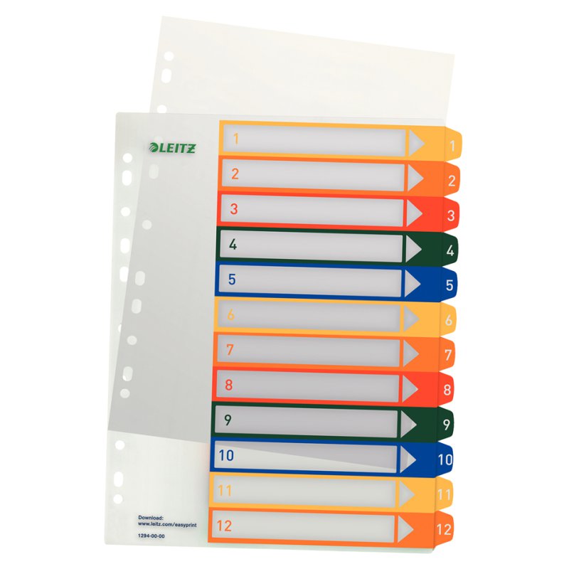 LEITZ ensemble de séparation plastique A4 extra-large, chiffres 1-12, transparent avec onglets colorés