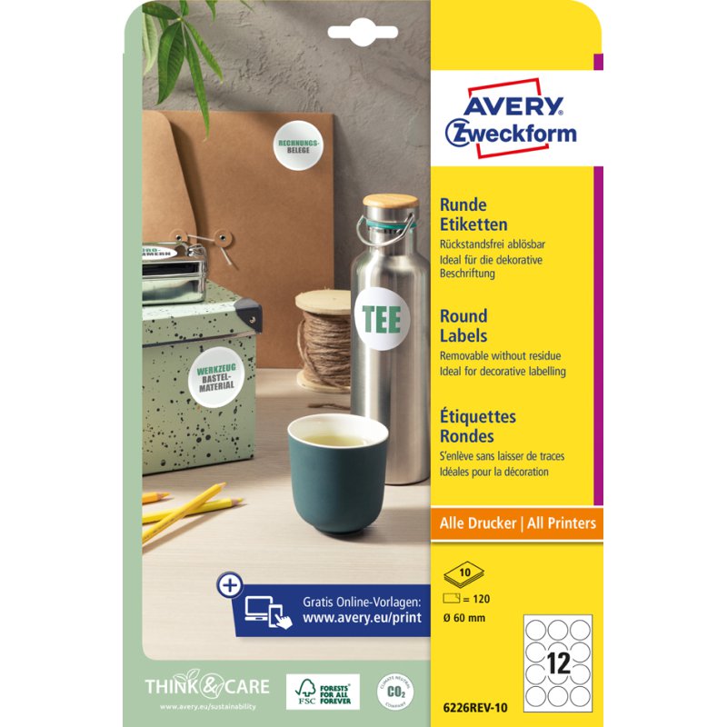 AVERY Zweckform identificatie-etiketten rond, herverwijderbaar, wit, diameter 69 mm