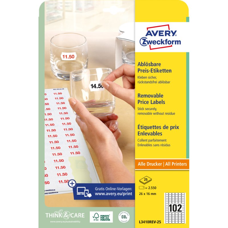 AVERY Zweckform prijsetiketten, herbruikbaar, 26×16 mm, wit