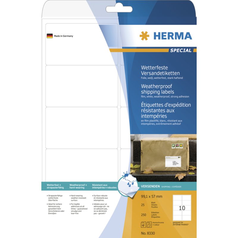 HERMA étiquettes d'expédition résistantes aux intempéries polyester, 99,1 × 57 mm, blanc, 250 pièces
