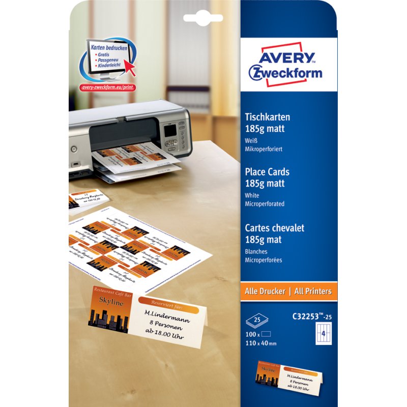 AVERY Zweckform cartes de table jet d'encre/laser/photocopieur, blanc, 110×40 mm, 100 pcs