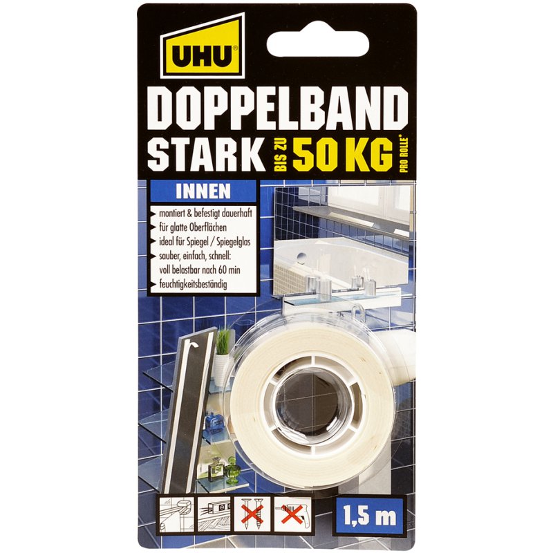 UHU Ruban de montage double face fort, jusqu'à 50 kg, blanc, 19 mm × 1,5 m