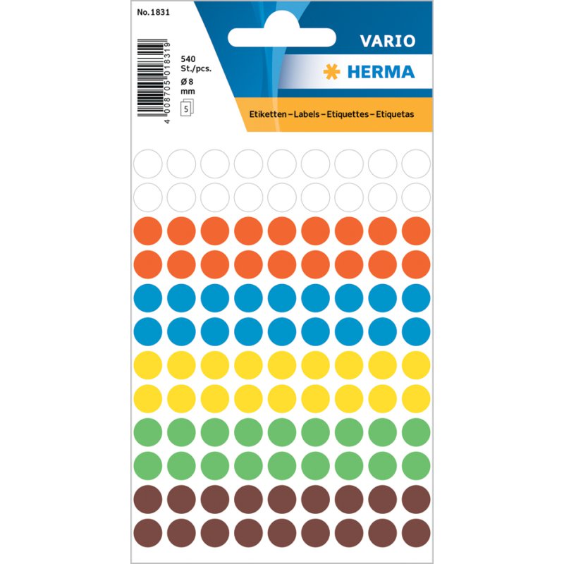 HERMA markeringsstickers rond, 8 mm, gekleurd sortiment, 540 stuks