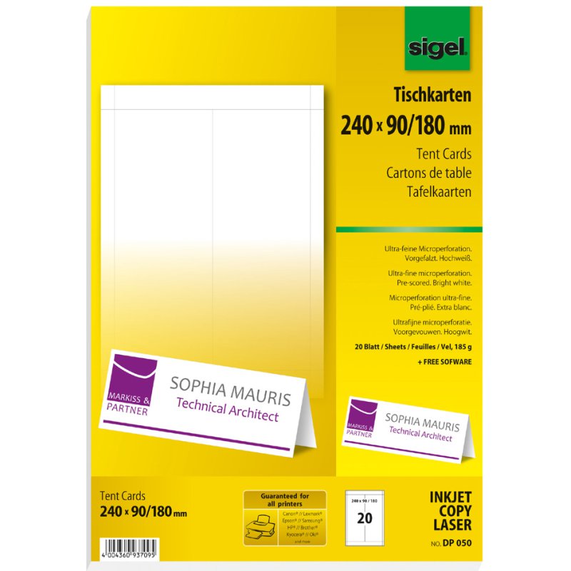 Sigel cartes de table, blanc pur, 185 g/m², 100×60/120 mm, 40 pièces