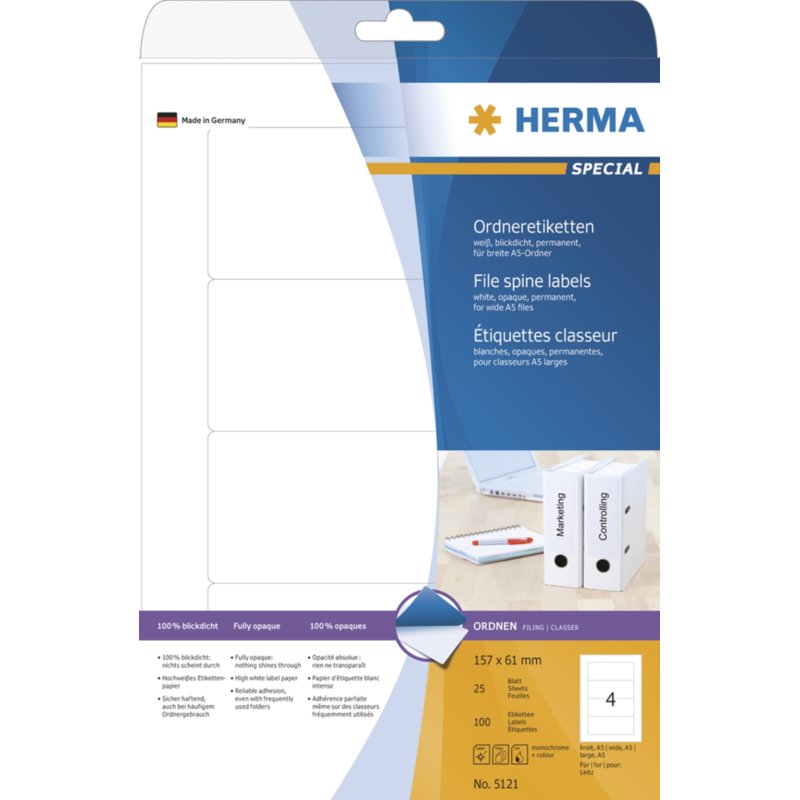 HERMA étiquettes dos de classeur SPECIAL, 157×61 mm, blanc, 100 pièces