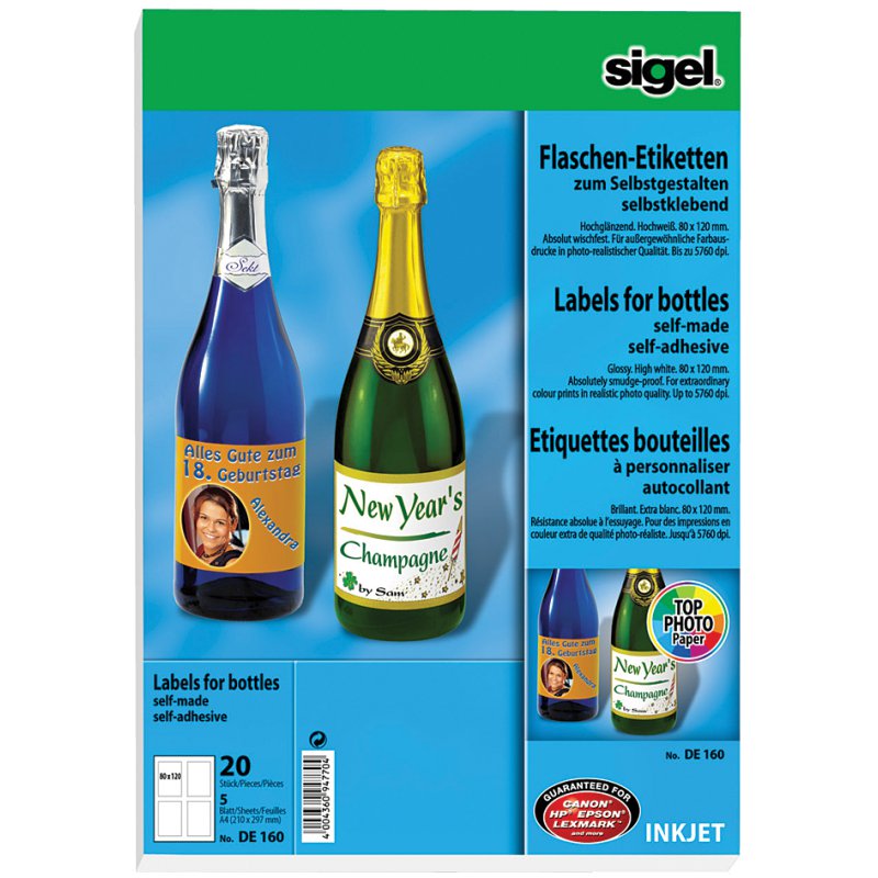 Sigel fles-etiketten inkjet, 80×120 mm, hoogglans wit, 20 stuks