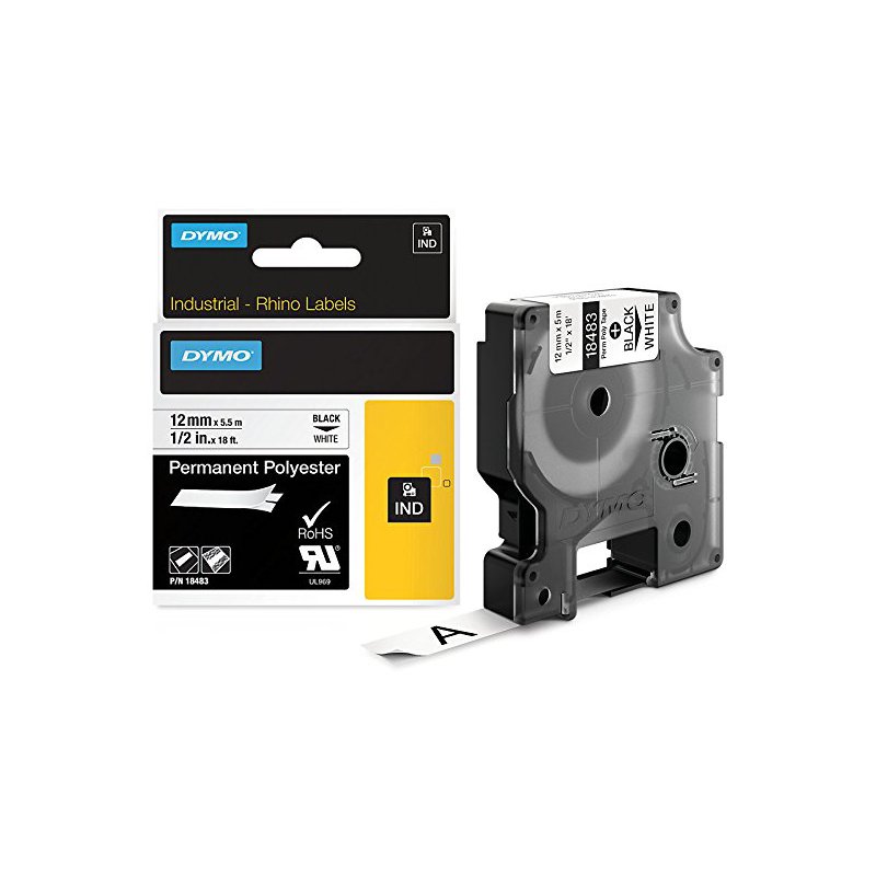 Dymo RHINO polyester labelband, 12 mm × 5,5 m, zwart/wit