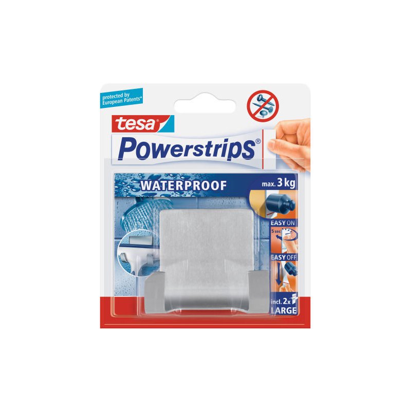 tesa Powerstrips crochets doubles WAVE waterproof, argent, acier inoxydable, résistant à l'eau