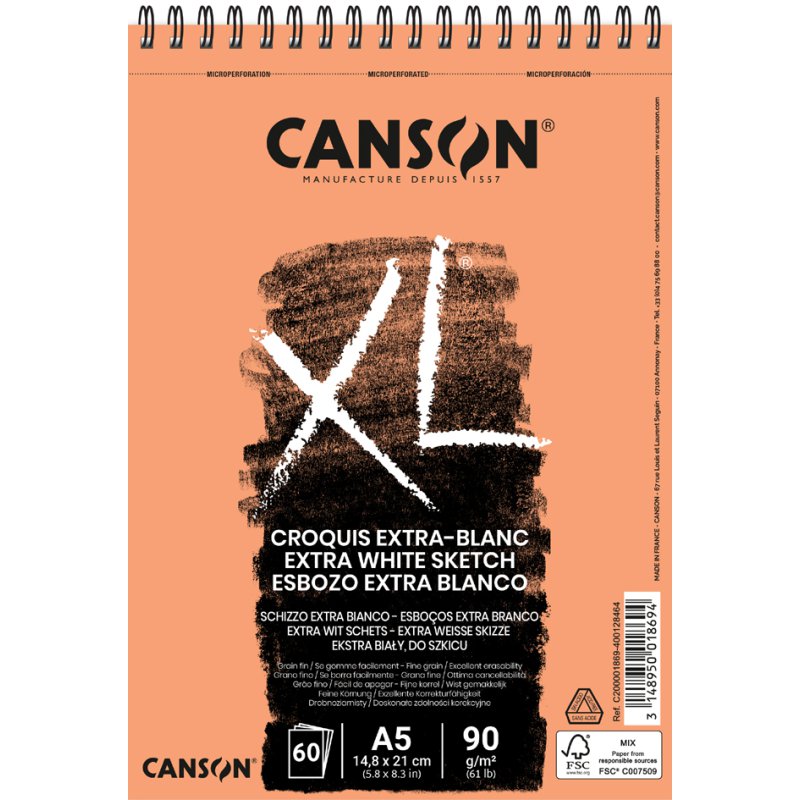 Canson bloc de croquis XL blanc extra, A5, spiralé, 60 feuilles