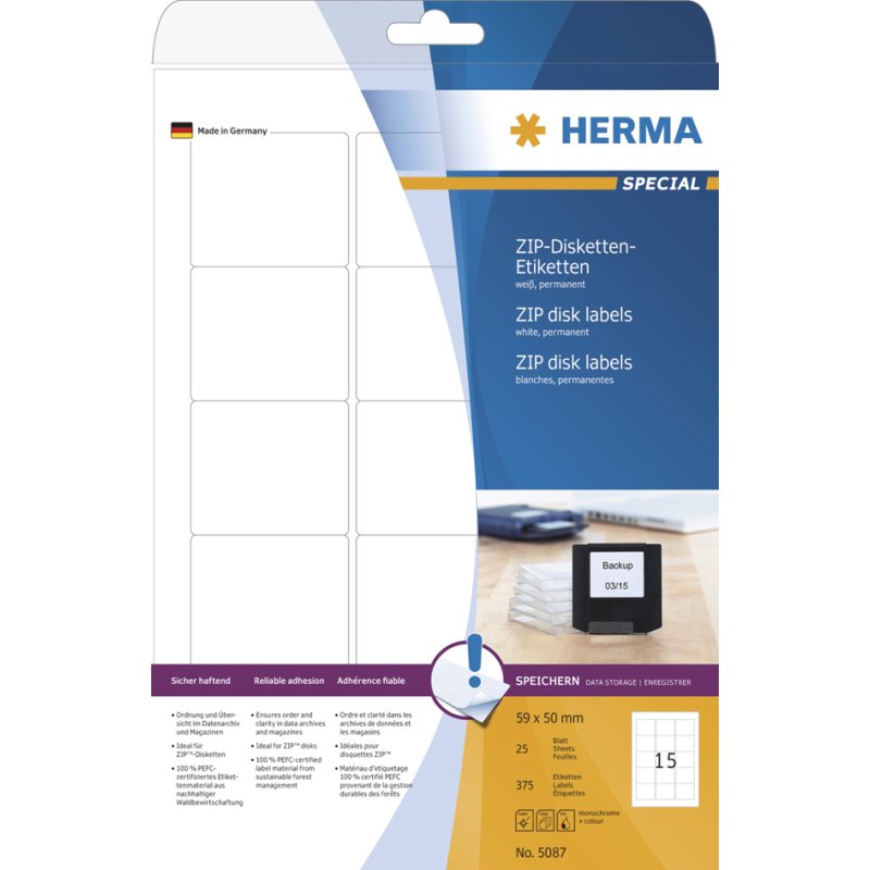 HERMA ZIP-diskette etiketten, 59×50 mm, wit, 375 stuks