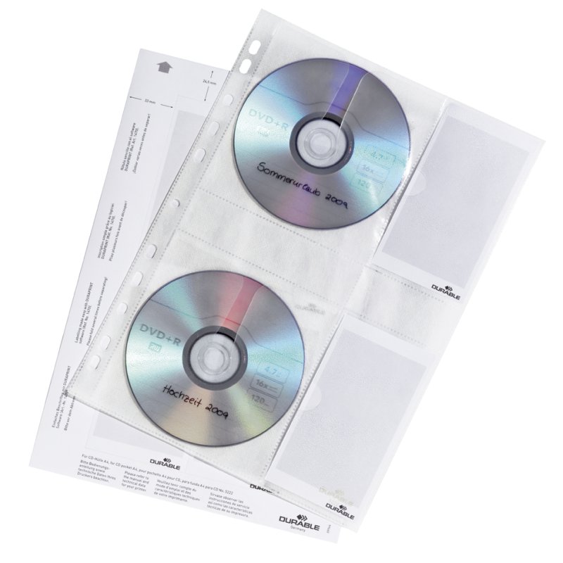 DURABLE CD/DVD pochettes COVER M, pour 4 CD's, transparent, A4, 5 pièces
