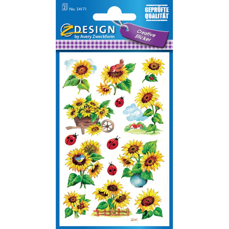AVERY Zweckform vormgeving stickers zonnebloemen en lieveheersbeestjes, papier beglimmerd, 2 vel à 14 stickers